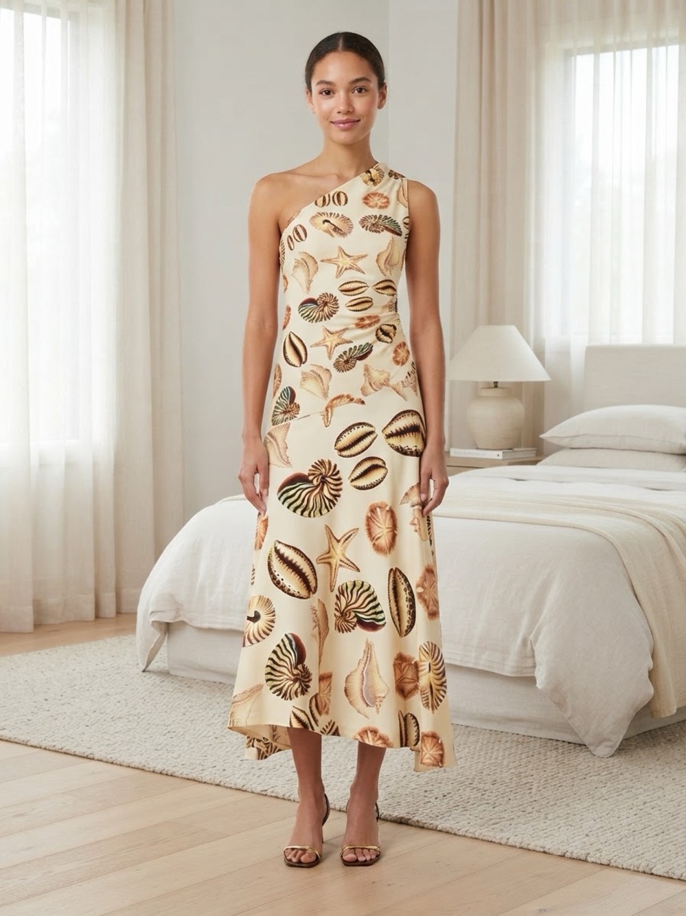 🪸Farm Rio NWOT Sand Marine Shells Tassel One-Shoulder Maxi Dress w/Seahorse